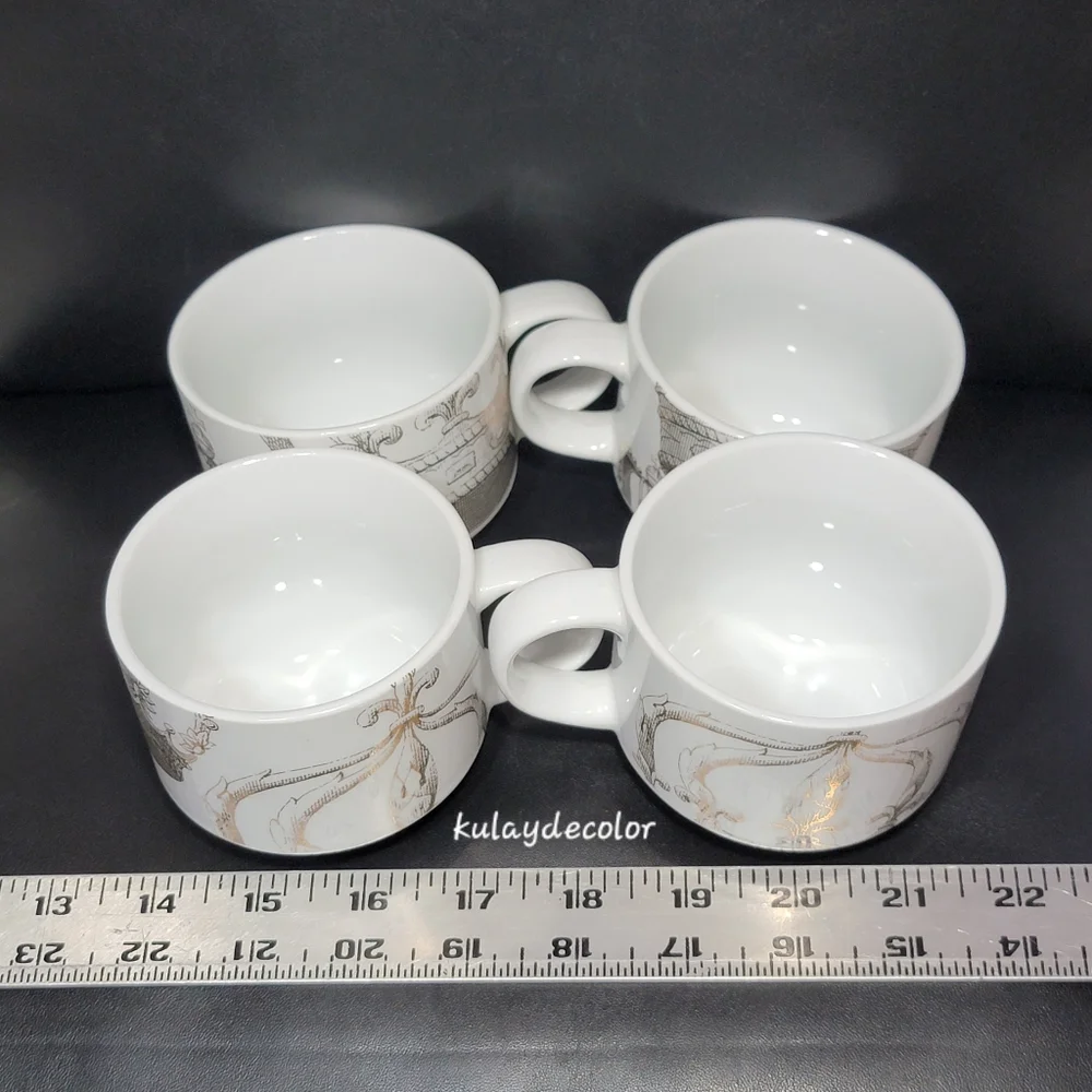 Pier 1 Imports Gold Crown Print Stacking Mugs Set w/ Gold Metal Rack Coffee Cups